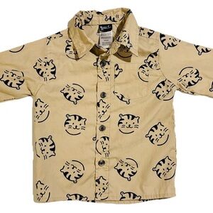 Little Rebels Baby 12M Collared Long Sleeve Button Shirt Khaki Cute Kitty Cats